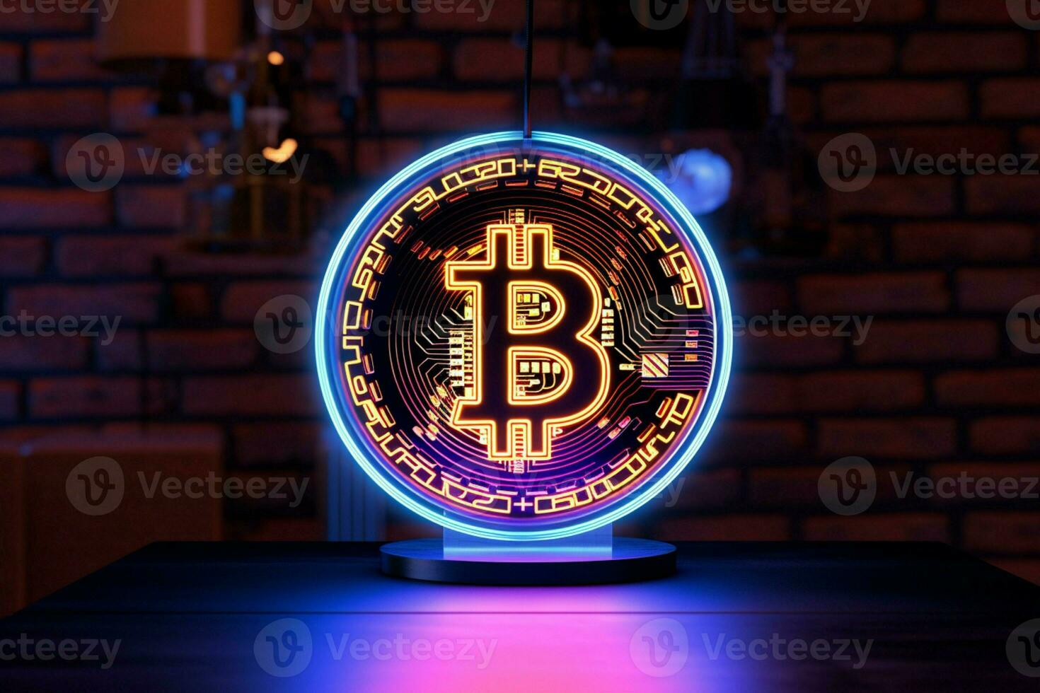 ai généré numérique devise lueur néon lampe moulage lumière sur le bitcoin symbole photo