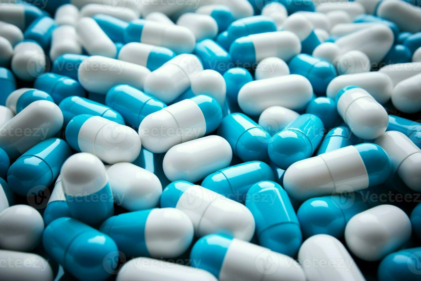 ai généré antibiotique drogue concept bleu blanc capsules sur blanc, pharmaceutique industrie thème photo