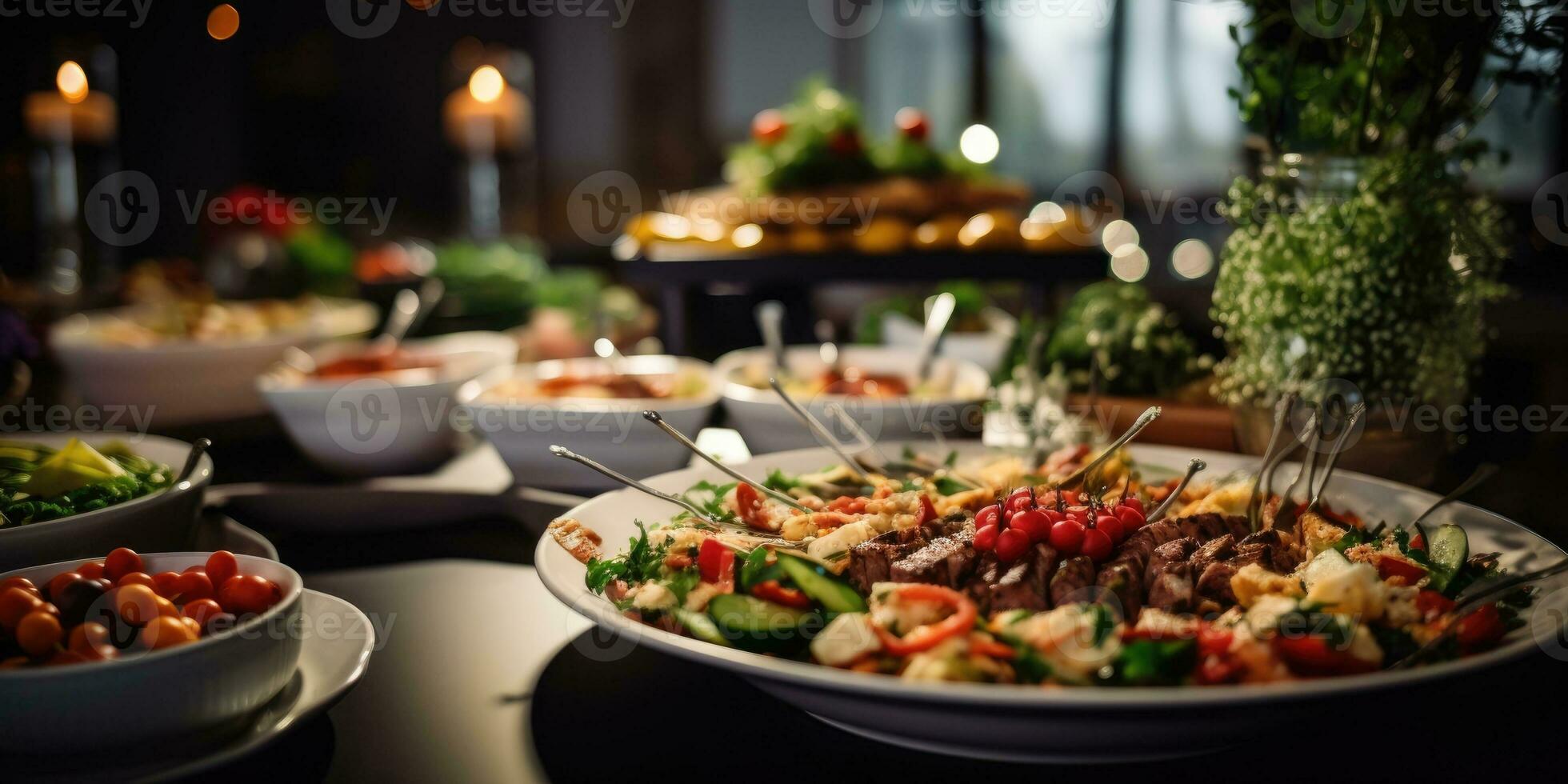 ai généré restauration buffet nourriture sur une longue table dans une Hôtel restaurant photo