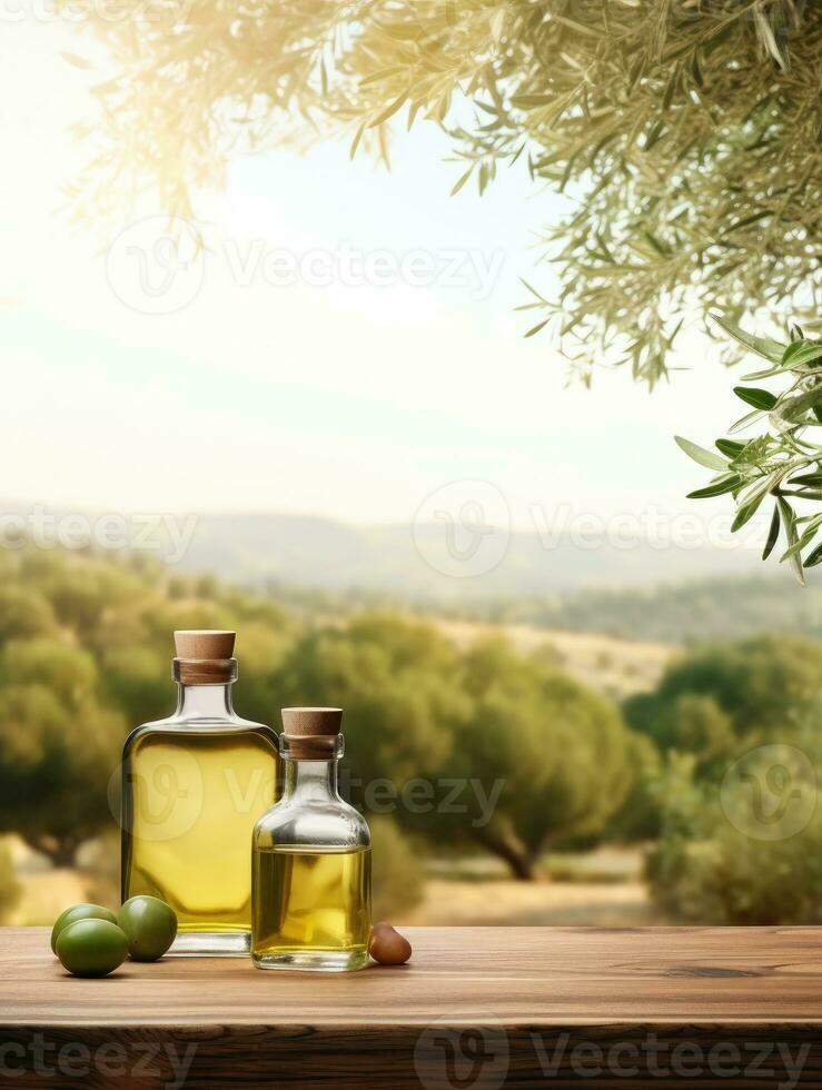 ai généré vide en bois table avec Olives et une bouteille de olive huile. Naturel podium, Contexte adapté pour des produits présentation photo