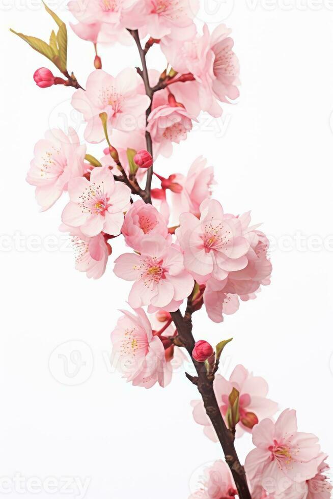 ai généré rose Cerise fleur sur blanc arrière-plan, isolé Sakura arbre branche photo