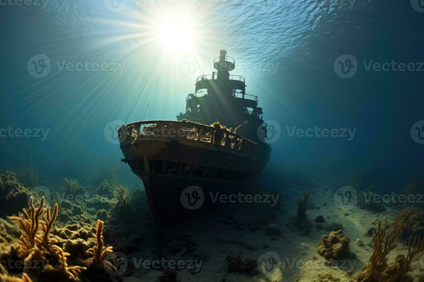 ai généré creux navire à le bas de le océan photo