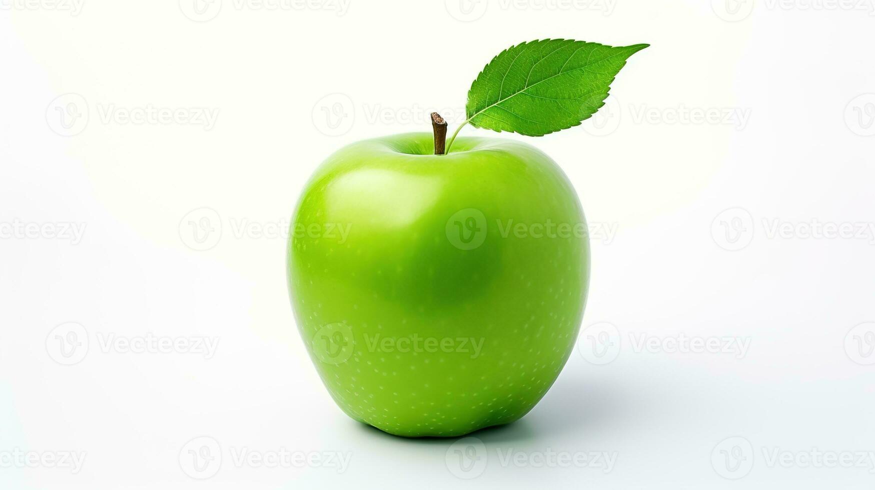 ai généré mûr vert Pomme avec feuille sur blanc Contexte. frais, en bonne santé, en bonne santé vie, fruit photo