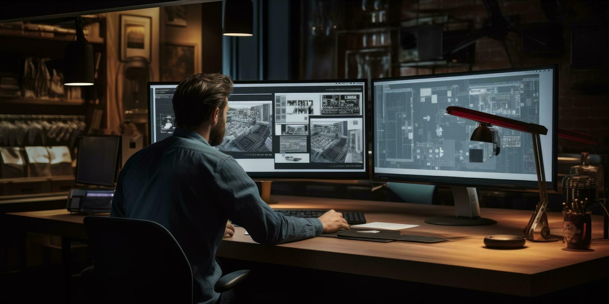 ai généré un ingénieur travail sur architectural des plans avec double moniteurs, rédaction outils, et une difficile chapeau sur le bureau photo