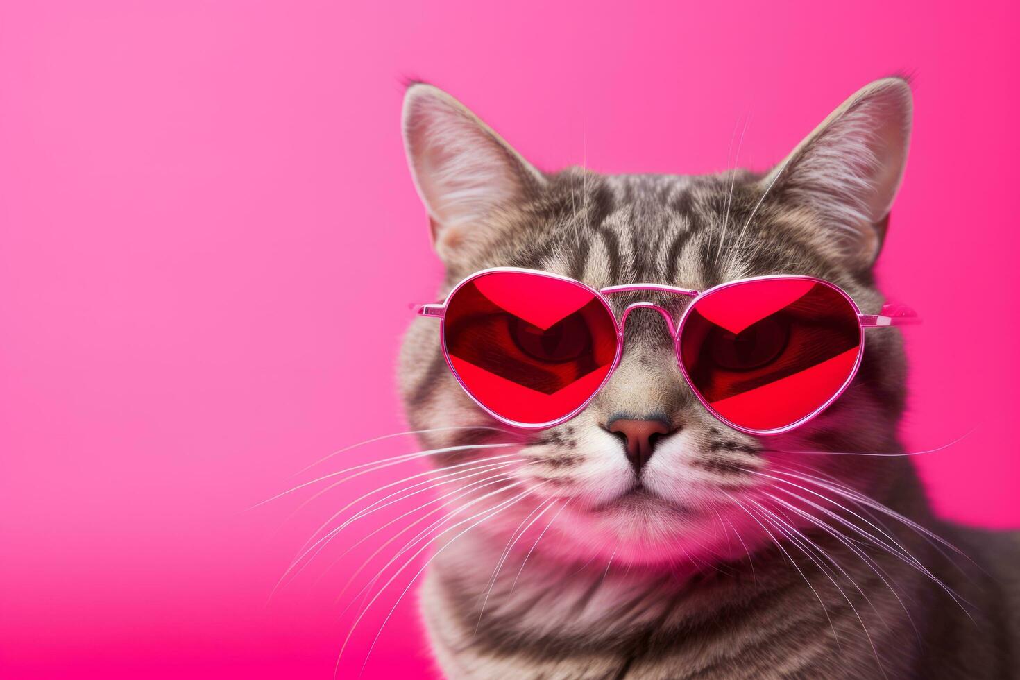 ai généré chat avec cœur en forme de des lunettes de soleil sur rose Contexte photo