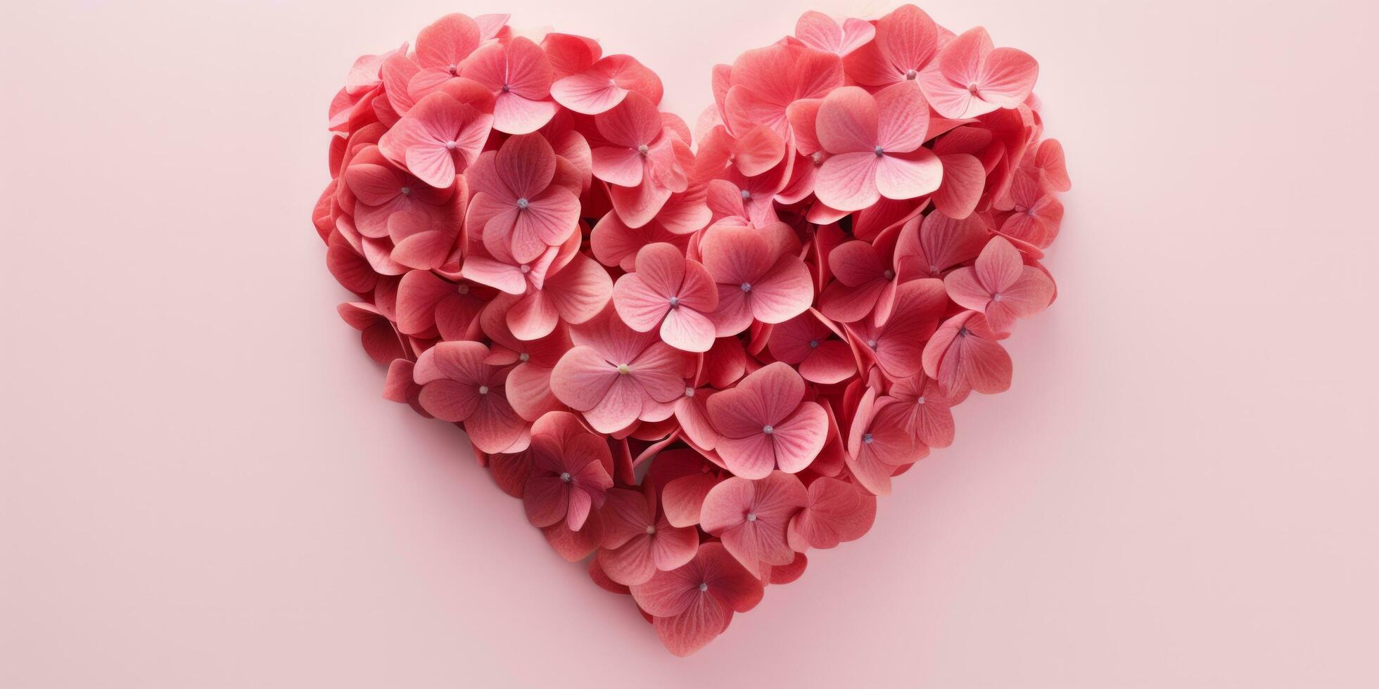 ai généré cœur en forme de arrangement de rouge hortensia fleurs sur une rose Contexte photo
