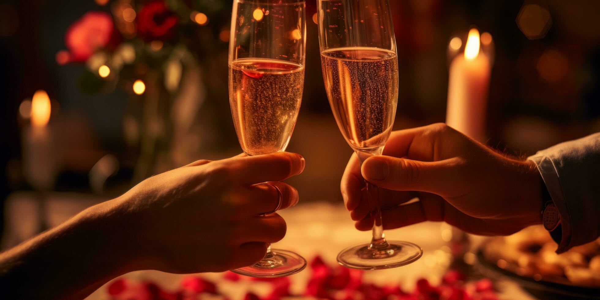 ai généré deux gens tintement Champagne des lunettes à une a la chandelle table avec Rose pétales photo