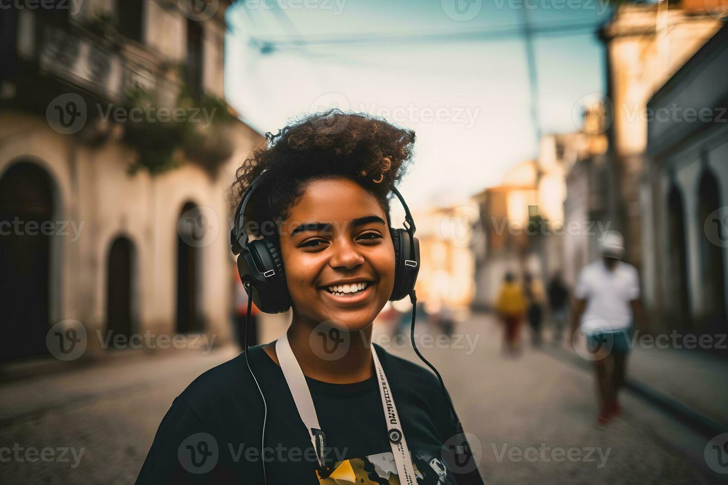 ai généré Jeune africain femme portant écouteurs. neural réseau ai généré photo