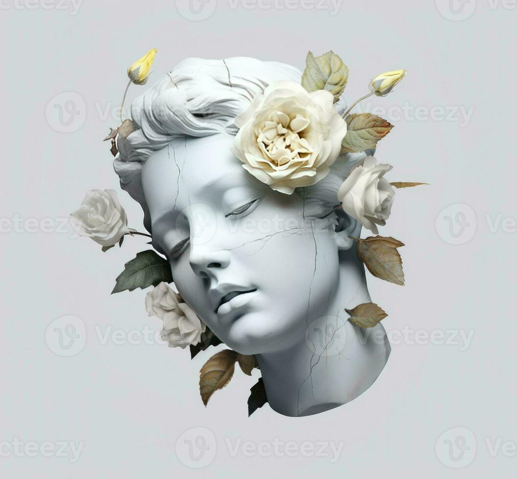 ai généré art sculpture de une marbre tête est jumelé avec des roses, dans le style de numérique art, nostalgique illustration. photo