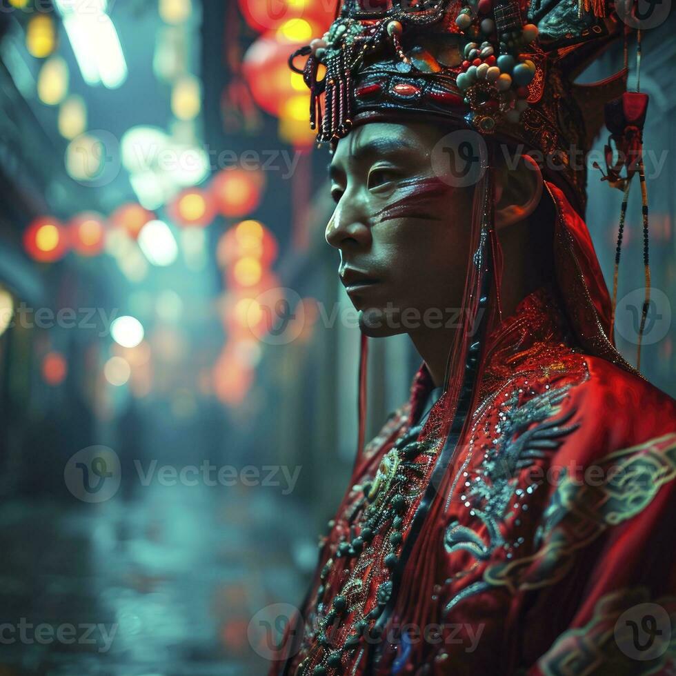 ai généré chinois homme avec une chinois Nouveau année costume dans une ville à le nuit. photo