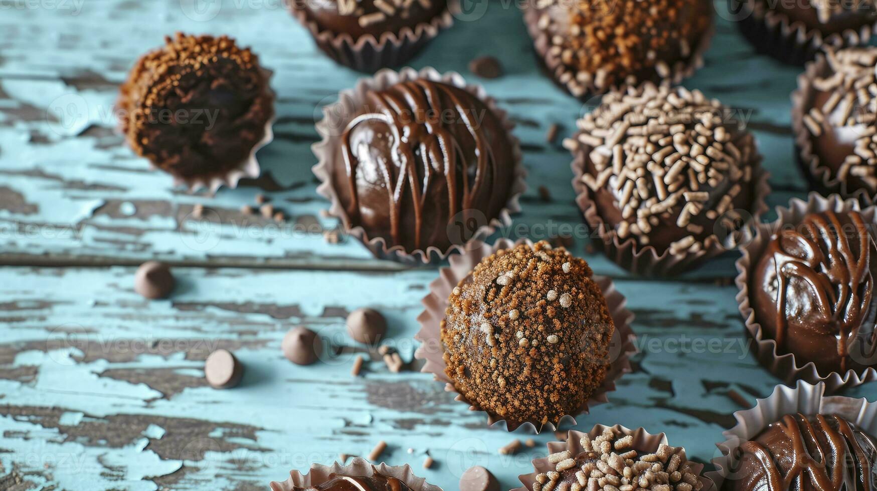 ai généré brigadeiro dans papier formes sur bleu en bois arrière-plan, proche en haut photo