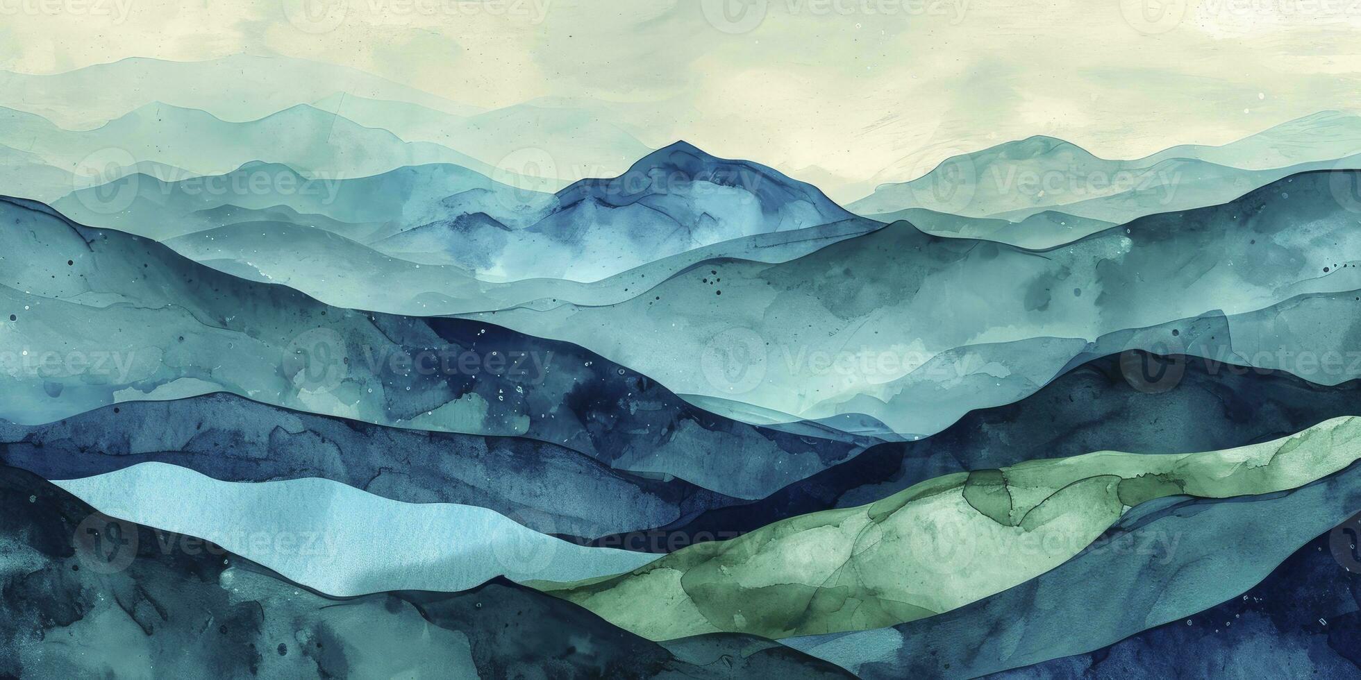 ai généré minimaliste paysage art Contexte avec montagnes et collines dans bleu et vert couleurs. abstrait bannière dans Oriental style avec aquarelle texture pour décor, imprimer, fond d'écran photo