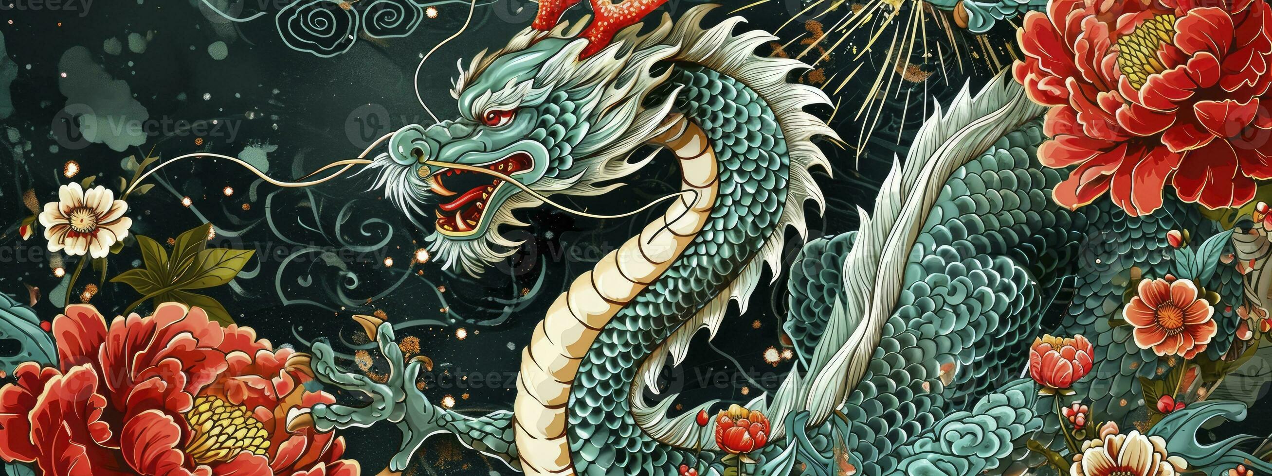 ai généré année de le dragon. chinois Nouveau an. de félicitations bannière avec vert dragon, rouge fleurs et feux d'artifice. photo