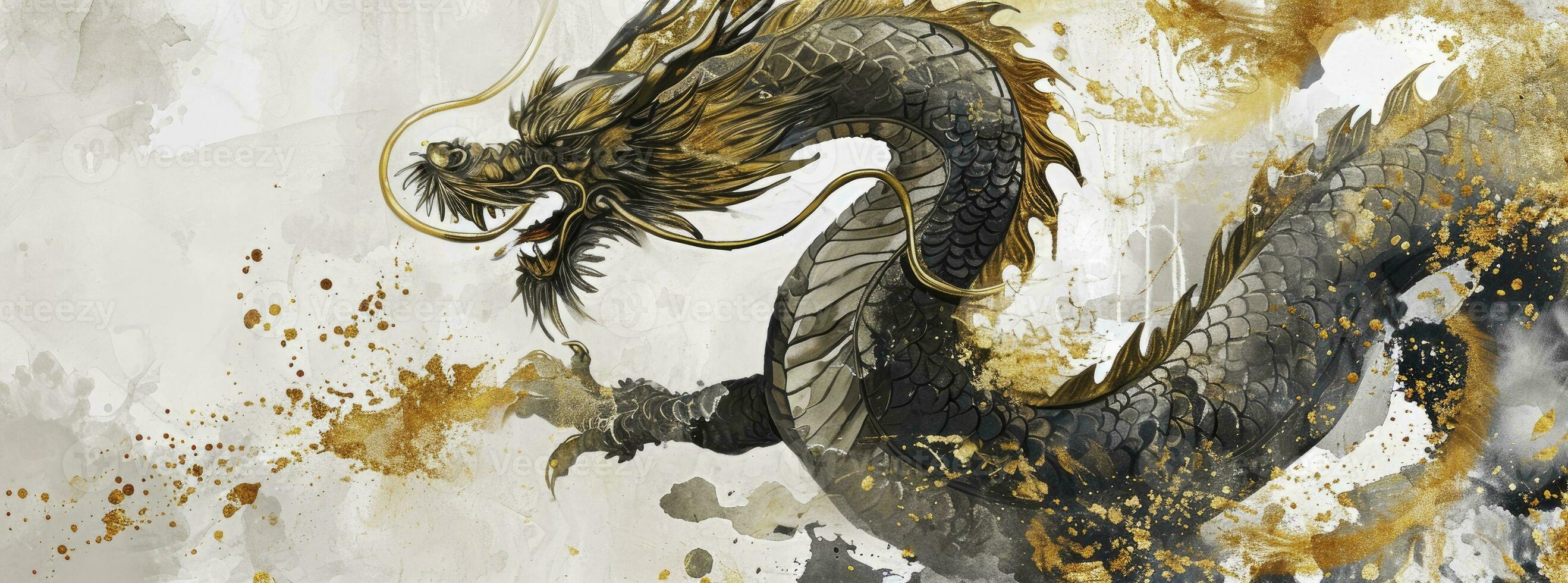 ai généré d'or dragon et or brosse coups pour le Nouveau année sur une blanc arrière-plan, dans le style de encre laver collages, foncé blanc et lumière gris, enchanteur aquarelles. photo