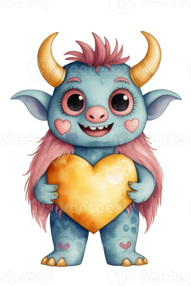 ai généré valentines journée graphique de une mignonne monstre avec une Jaune cœur photo