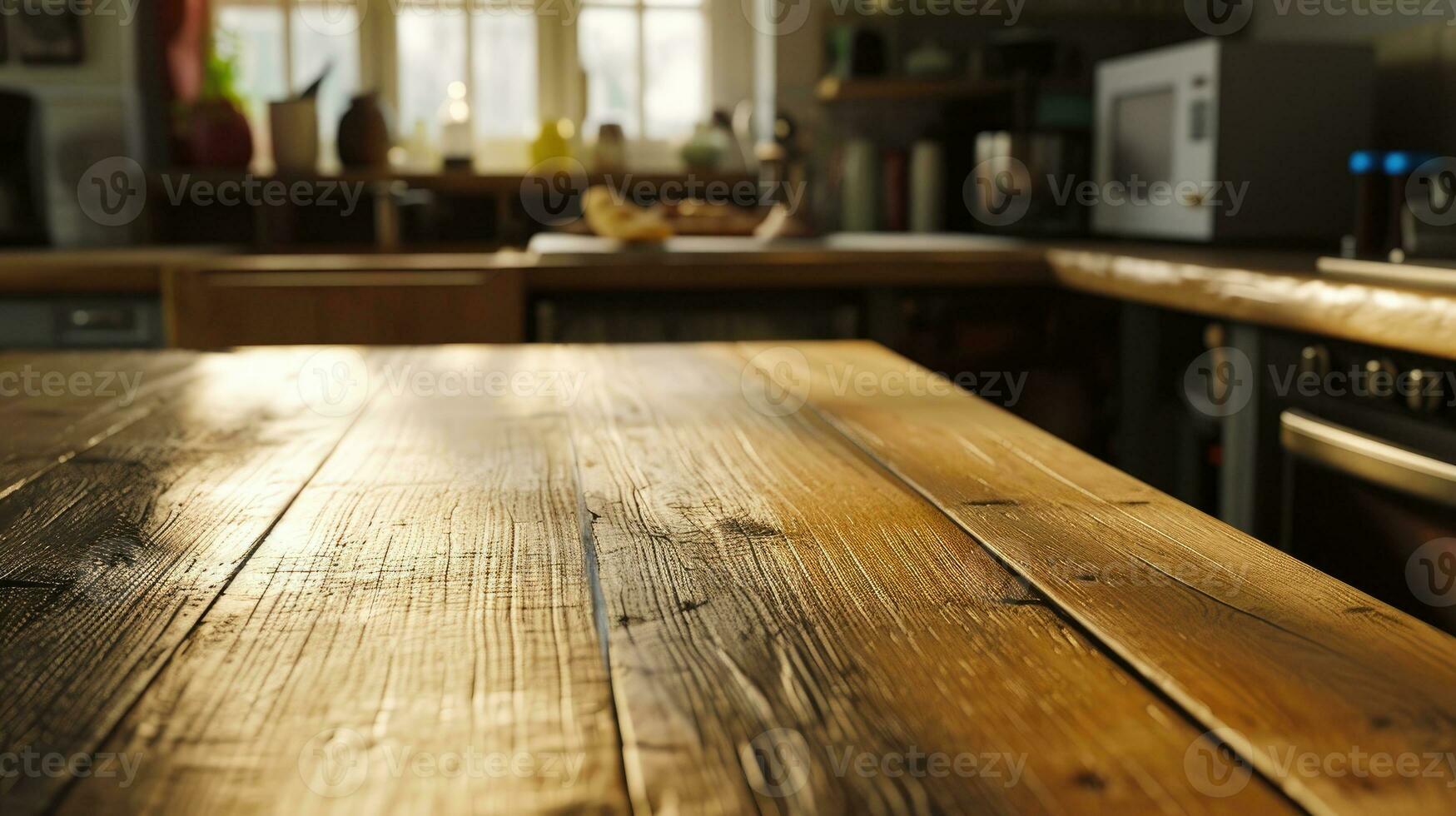 ai généré vide table dans moderne cuisine intérieur, vide en bois compteur table Haut pour produit afficher photo