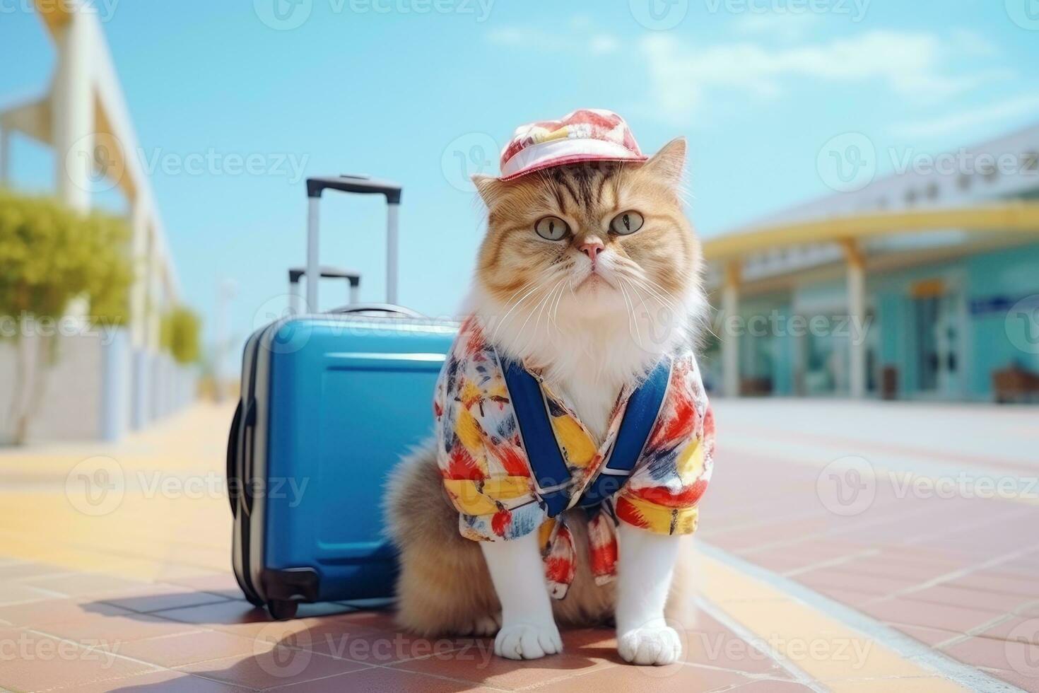 ai généré marrant chat Aller sur vacances, chat Voyage concept, ai génératif photo