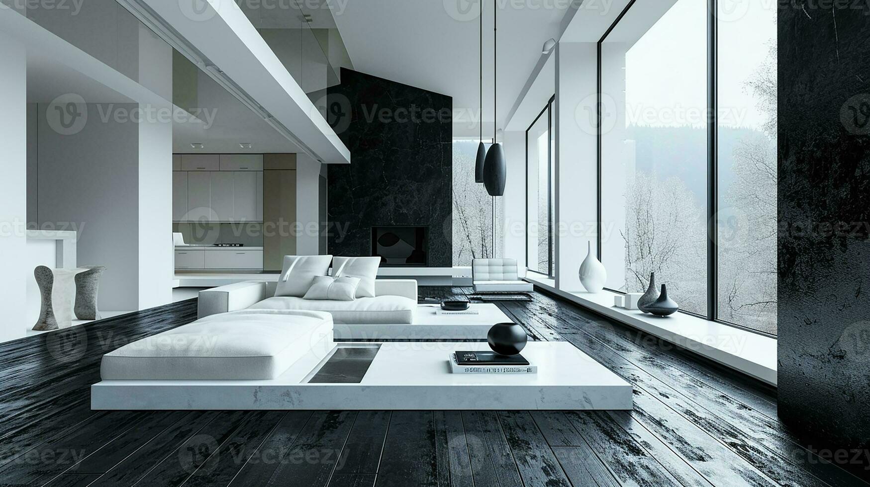 ai généré noir et blanc vivant pièce intérieur conception avec canapé minimal esthétique 3d rendu photo