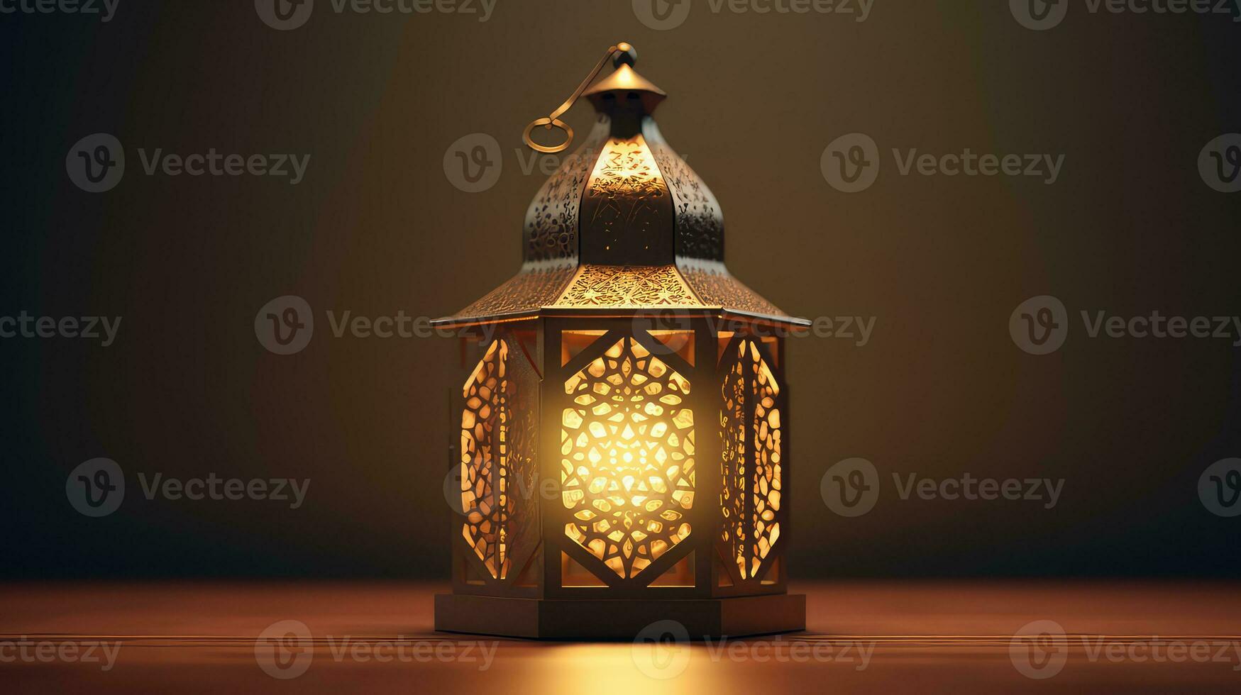 ai généré Ramadan kareem lanterne sur en bois table dans foncé pièce photo