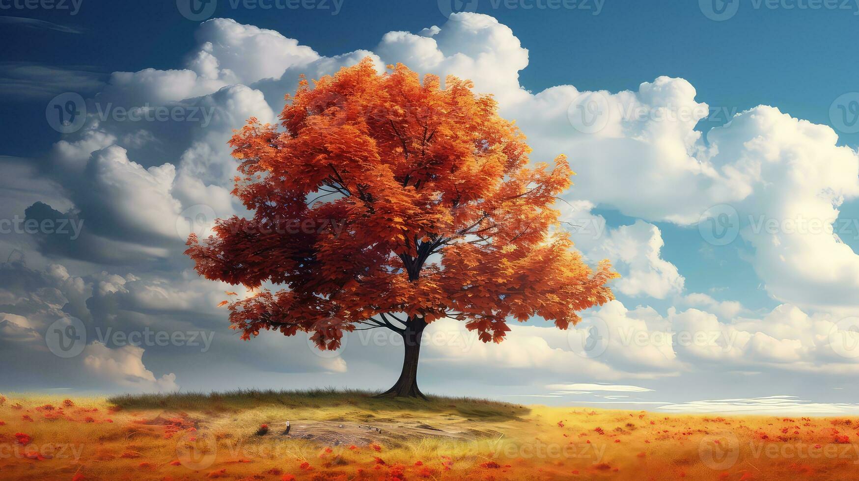 ai généré l'automne paysage avec rouge érable arbre et bleu ciel photo