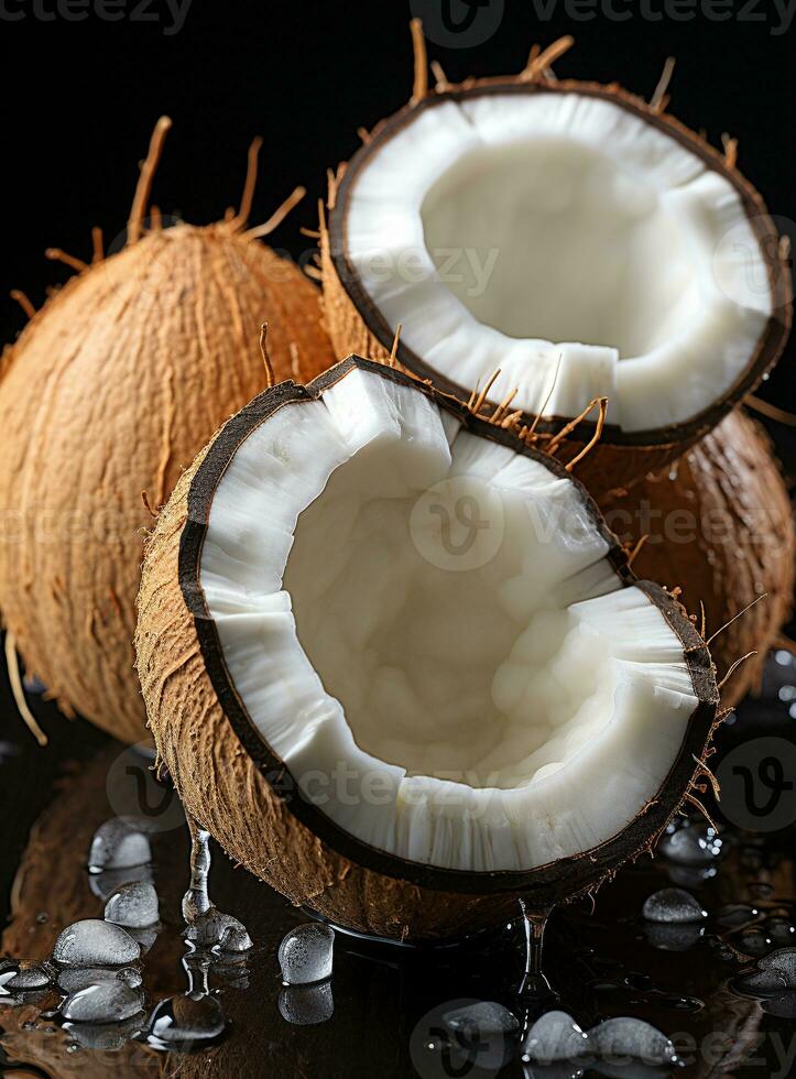 ai généré Trois moitié ouvert noix de coco photo