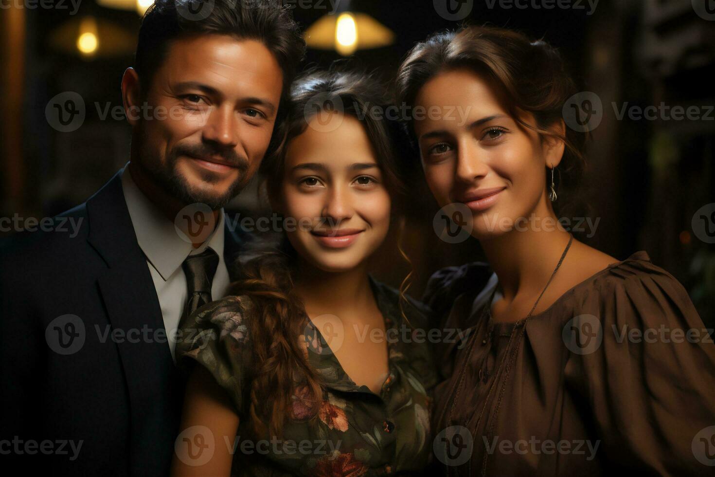 ai généré content Latin famille séance et souriant ensemble. portrait à nuit photo