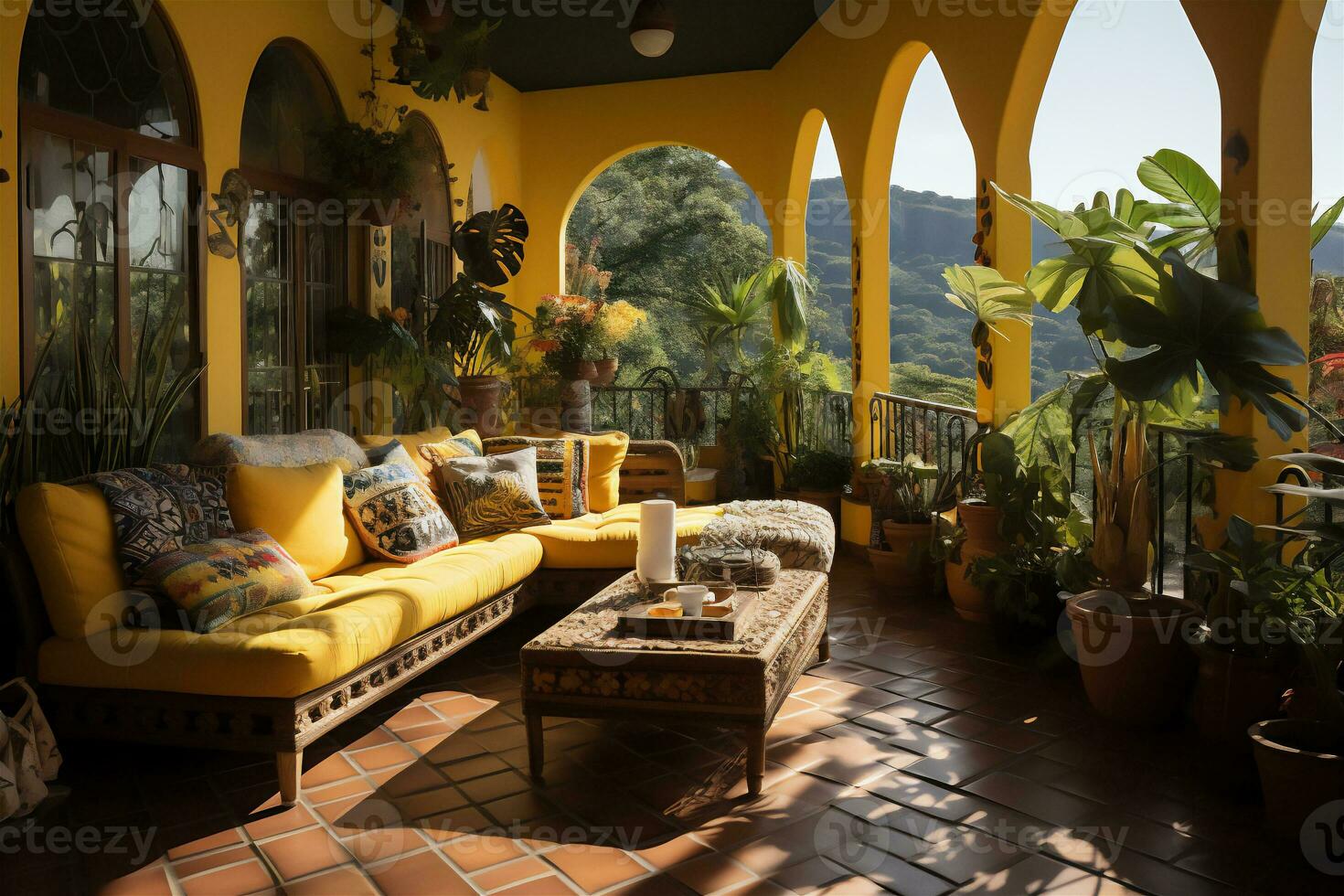 ai généré intérieur de Accueil terrasse dans Latin américain style avec les plantes photo