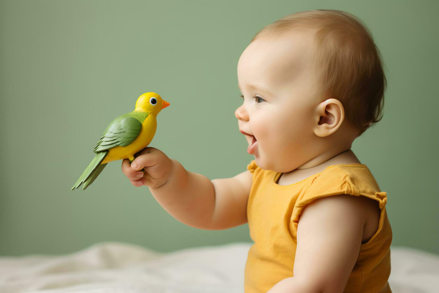 ai généré gai compagnons bébé espiègle moment avec une en bois oiseau jouet photo