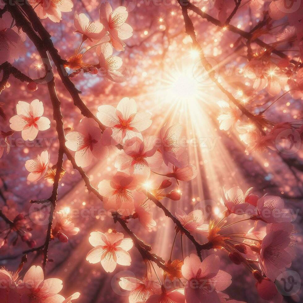ai généré hyper réaliste Sakura Cerise fleur arbre feuilles Japonais Festival Matin rosée Osaka tokyo photo