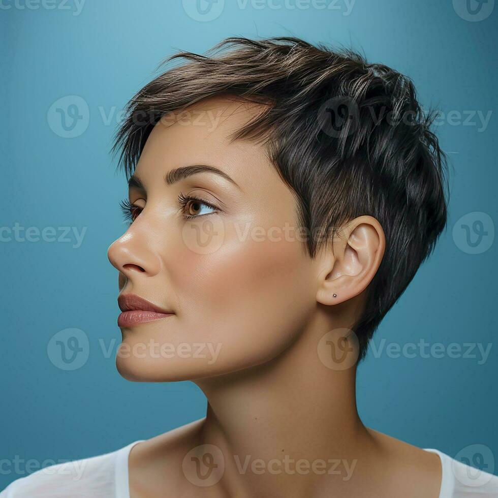 ai généré fermer mode studio photo de un élégant cheveux bruns femme avec une à la mode court la Coupe de cheveux isolé plus de bleu Contexte