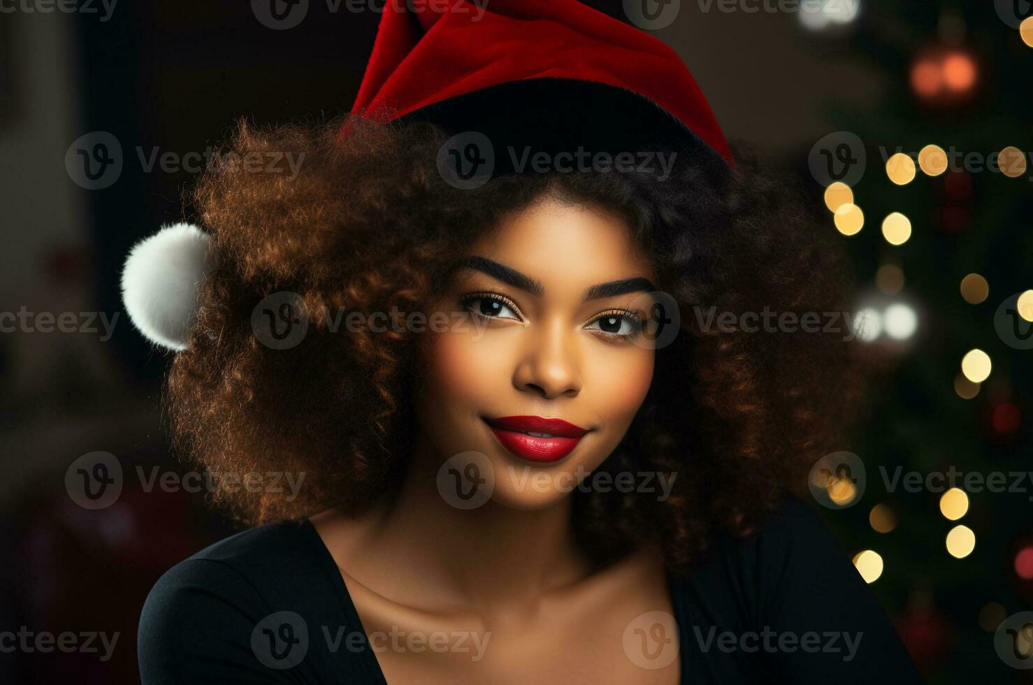 ai généré noir femme dans soir noir robe pour Noël près Noël arbre photo