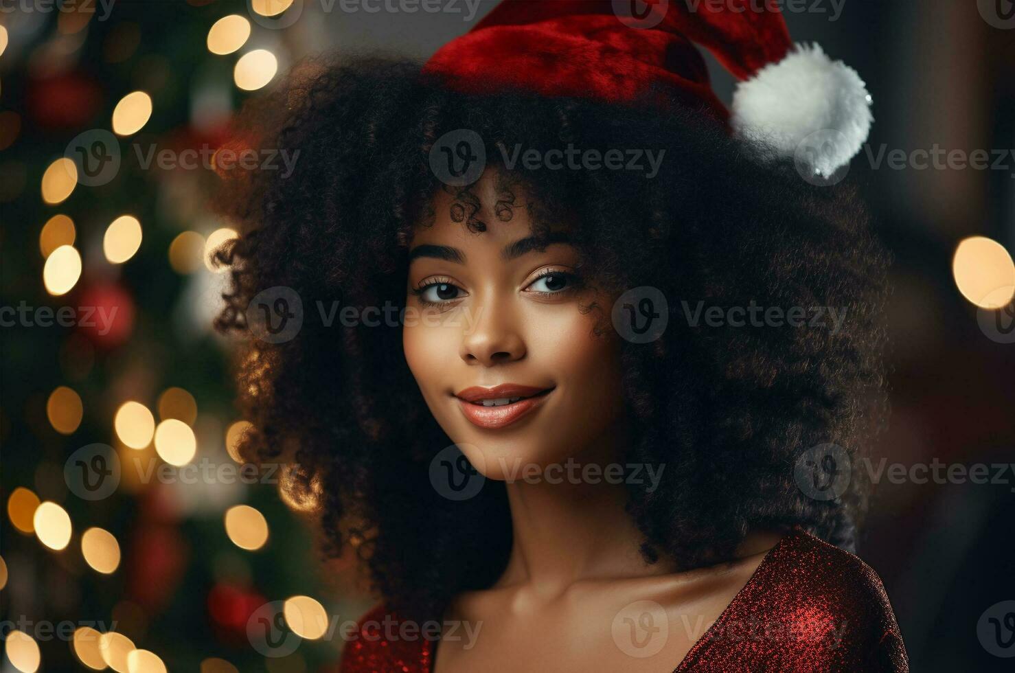 ai généré noir femme à Noël près le Noël arbre photo