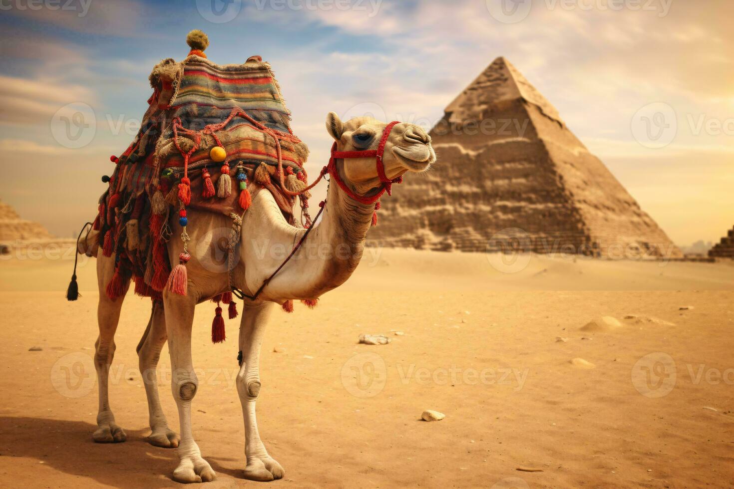 ai généré chameau sur une laisse pour touristes dans Egypte génératif ai photo