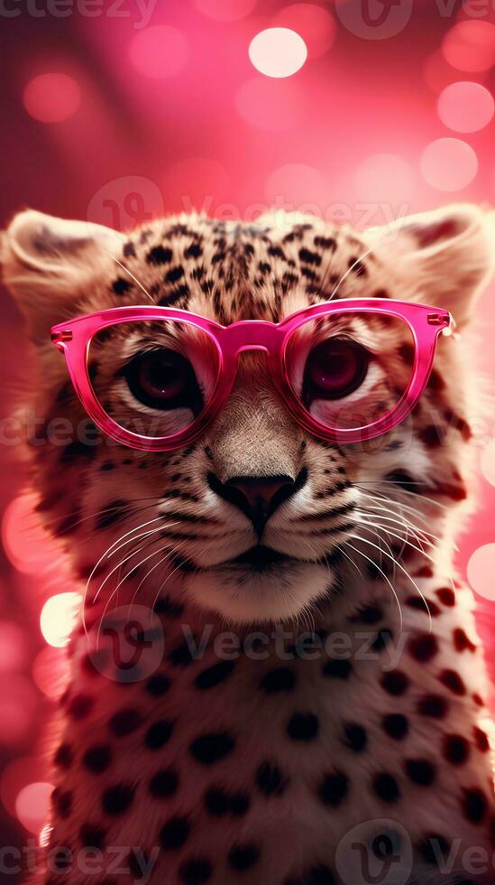 ai généré super mignonne guépard dans l'amour portant cœur forme rose lunettes. content la Saint-Valentin journée salutation carte concept. ai généré image photo