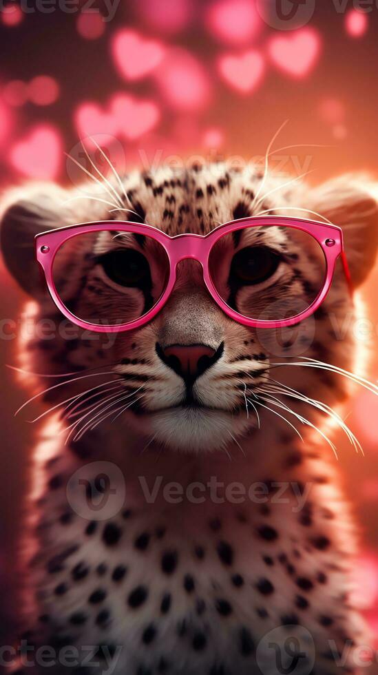 ai généré super mignonne guépard dans l'amour portant cœur forme rose lunettes. content la Saint-Valentin journée salutation carte concept. ai généré image photo