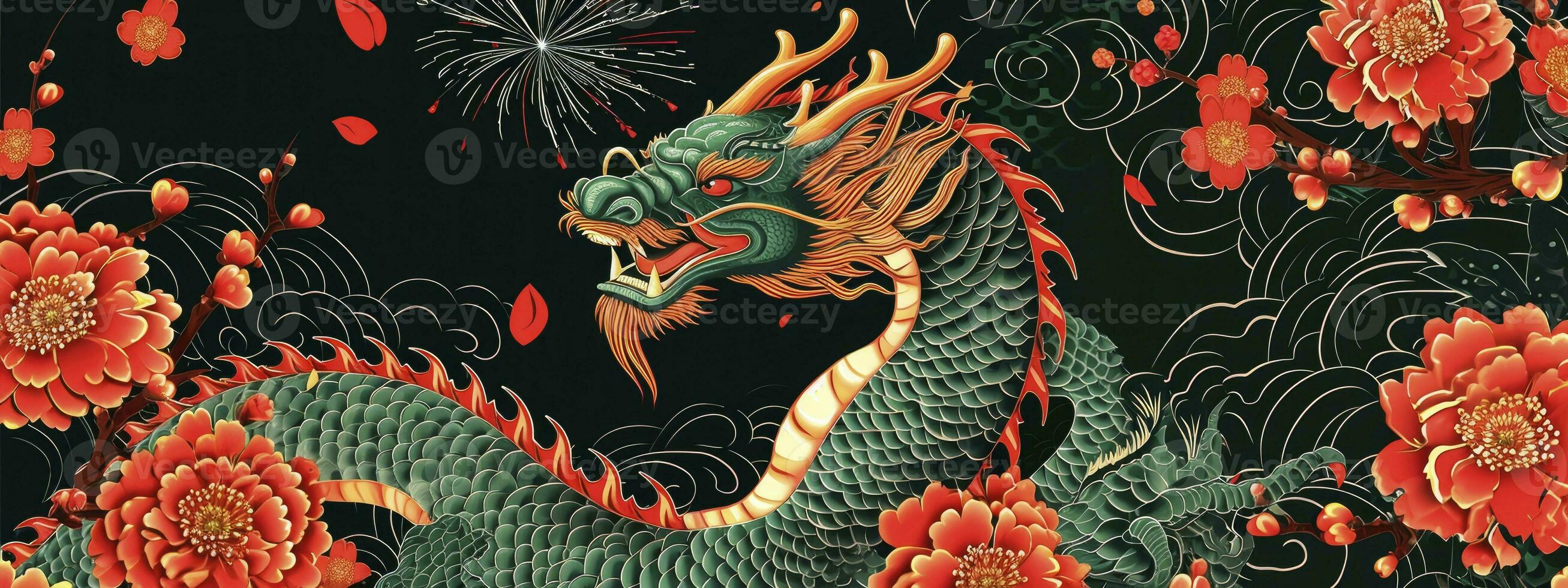 ai généré année de le dragon. chinois Nouveau an. de félicitations bannière avec vert dragon, rouge fleurs et feux d'artifice. photo
