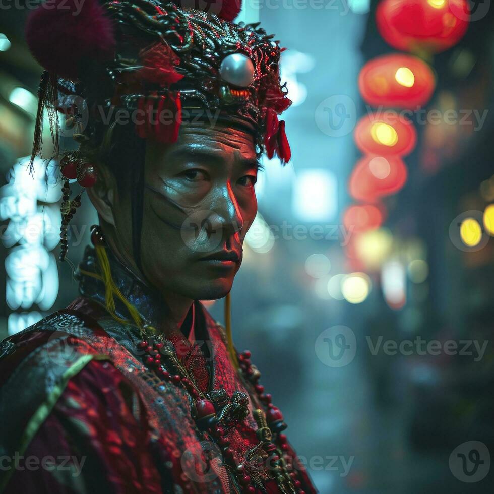 ai généré chinois homme avec une chinois Nouveau année costume dans une ville à le nuit. photo