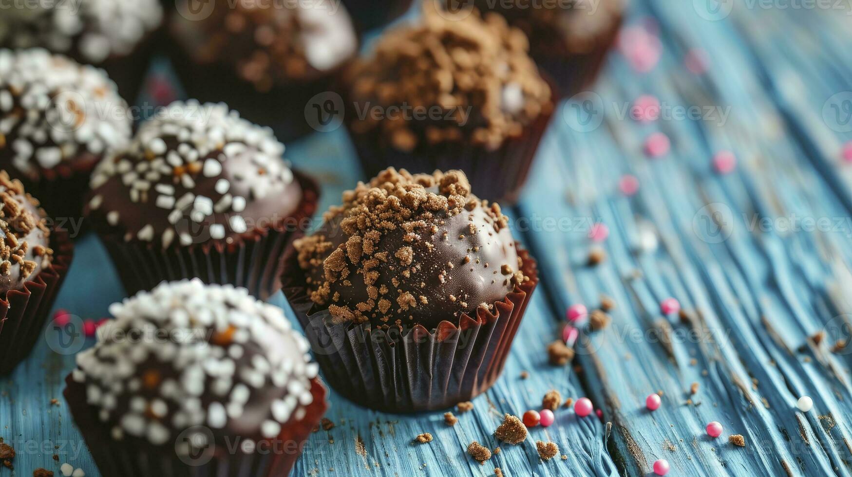 ai généré brigadeiro dans papier formes sur bleu en bois arrière-plan, proche en haut photo