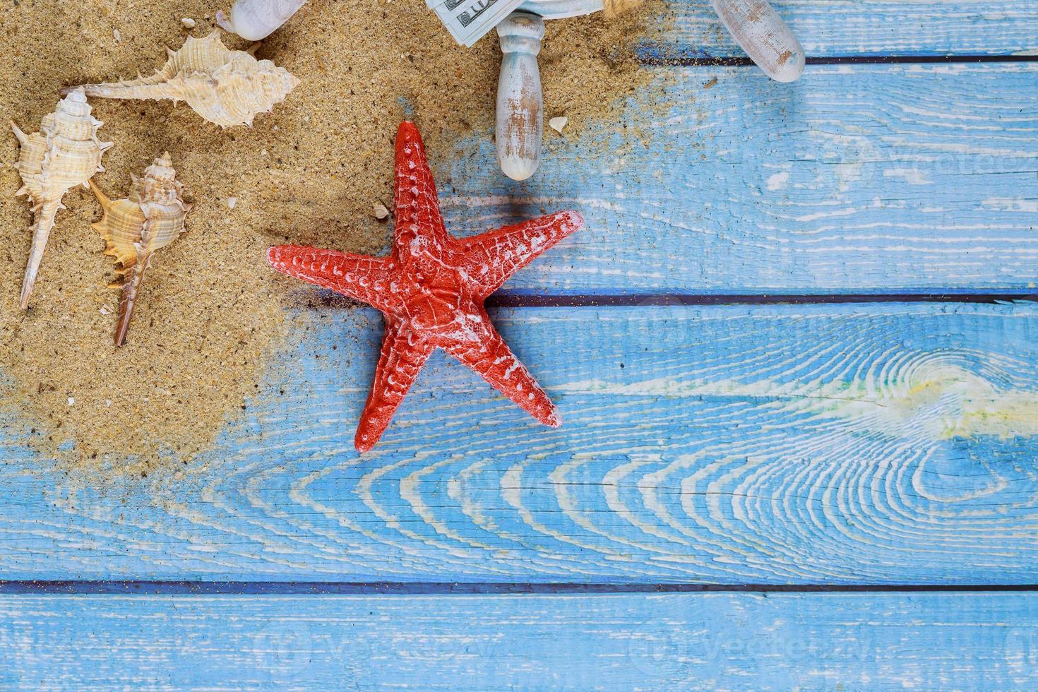 concept de vacances d'été, coquillages, étoiles de mer sur le sable de la plage de billets en dollars photo