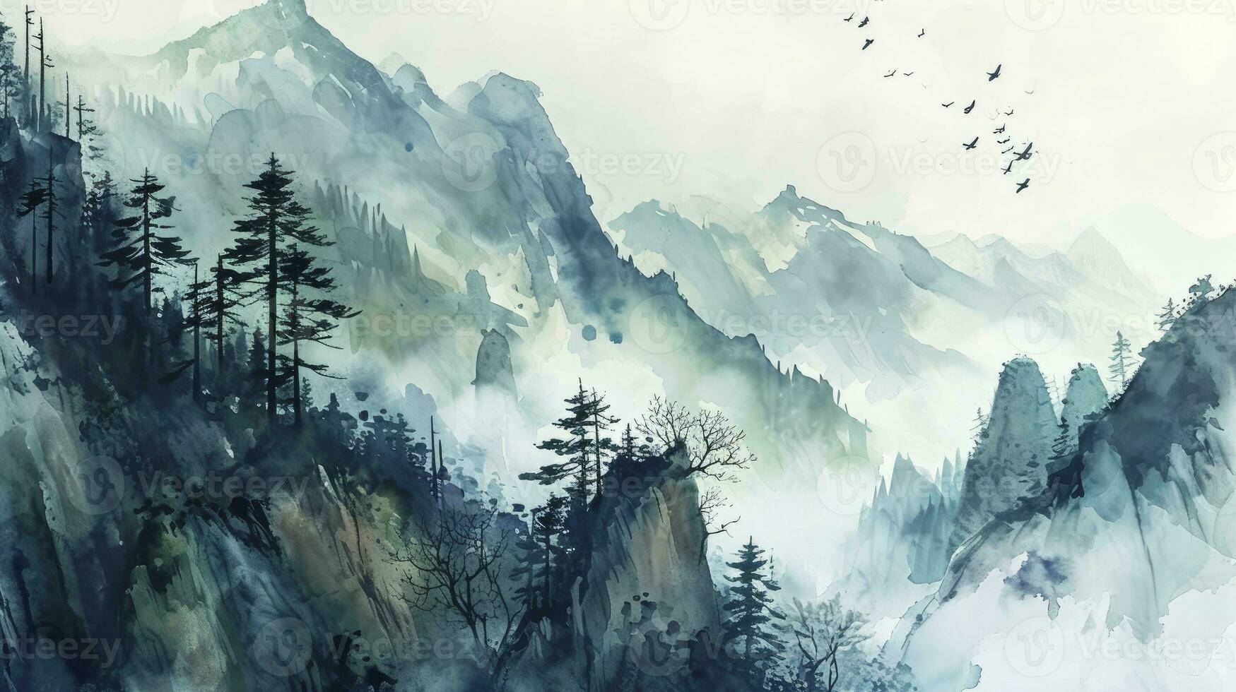 ai généré une aquarelle paysage de serein montagnes, inspiré par le chinois style de classique traditionnel encre peinture. photo