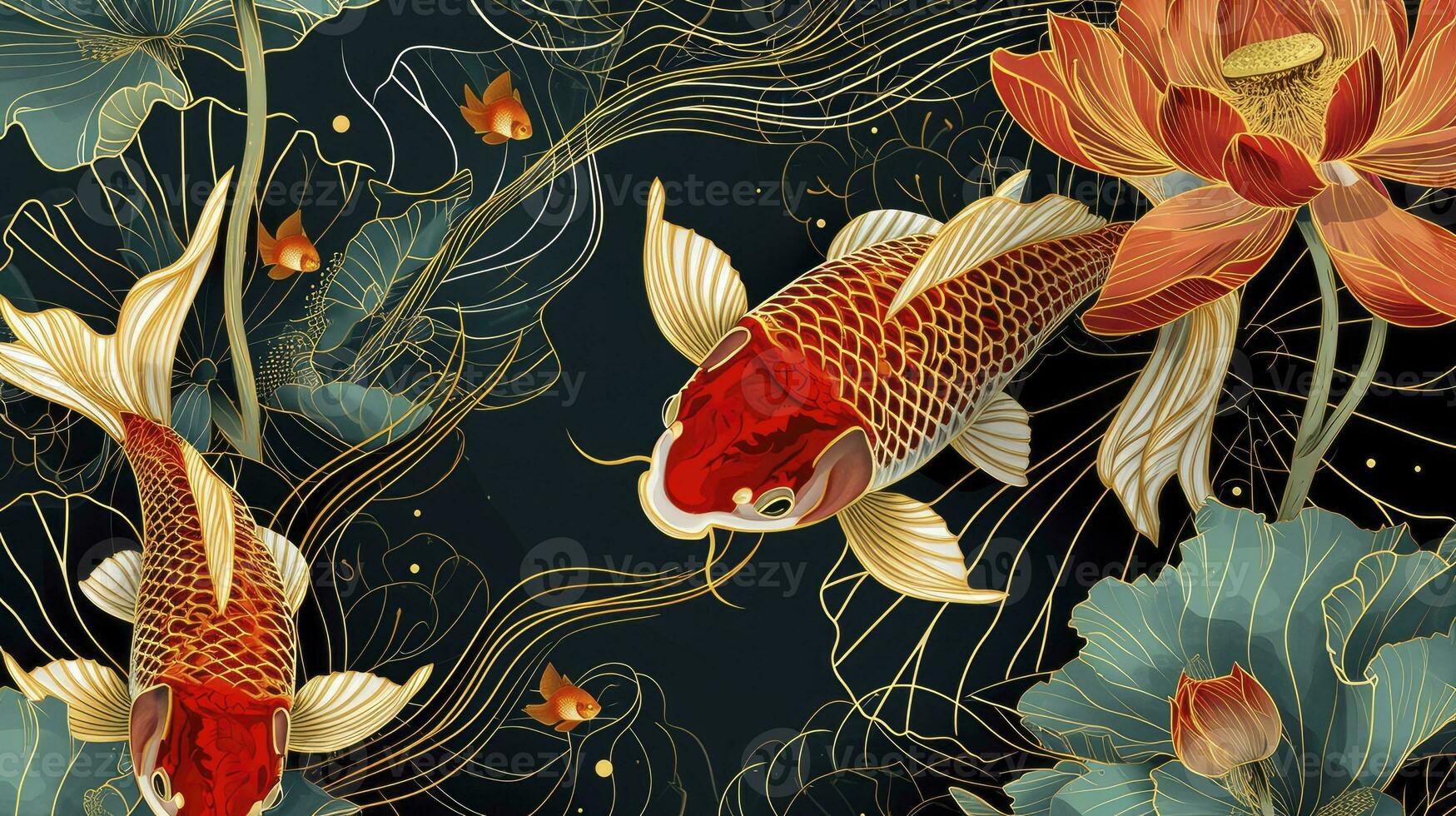 ai généré luxe or Oriental style Contexte. chinois et Japonais fond d'écran modèle conception de élégant poisson rouge, lotus fleurs avec or doubler. conception illustration pour décoration, mur décor. photo