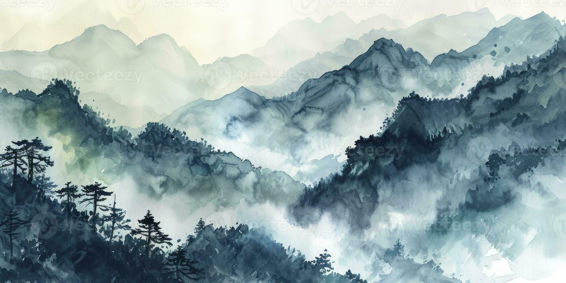 ai généré Montagne paysage, aquarelle. chinois ou Japonais bleu montagnes. paysage de brumeux montagnes dans le de bonne heure Matin photo