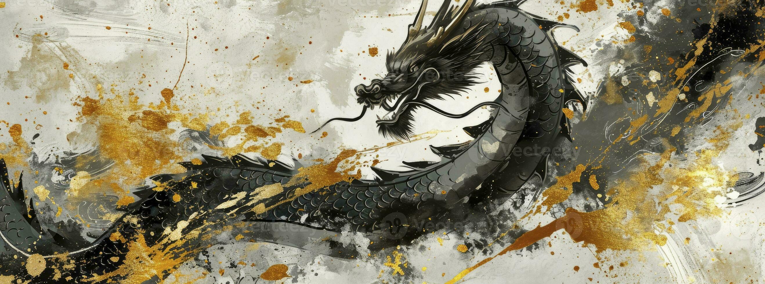 ai généré content Nouveau année de le dragon, dans le style de encre laver collages, lumière gris et foncé or, élégant coups de pinceau, décoratif les frontières, aquarelle. photo