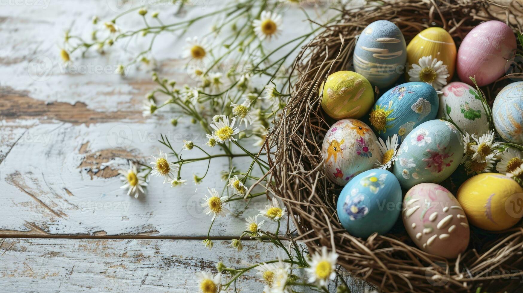 ai généré peint des œufs avec fleurs. Pâques bannière avec copie-espace, avec une panier de des œufs sur blanc bois sol. photo