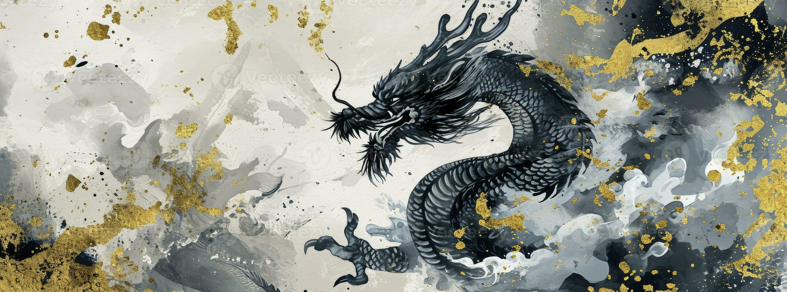 ai généré content Nouveau année de le dragon, dans le style de encre laver collages, lumière gris et foncé or, élégant coups de pinceau, décoratif les frontières, aquarelle. photo