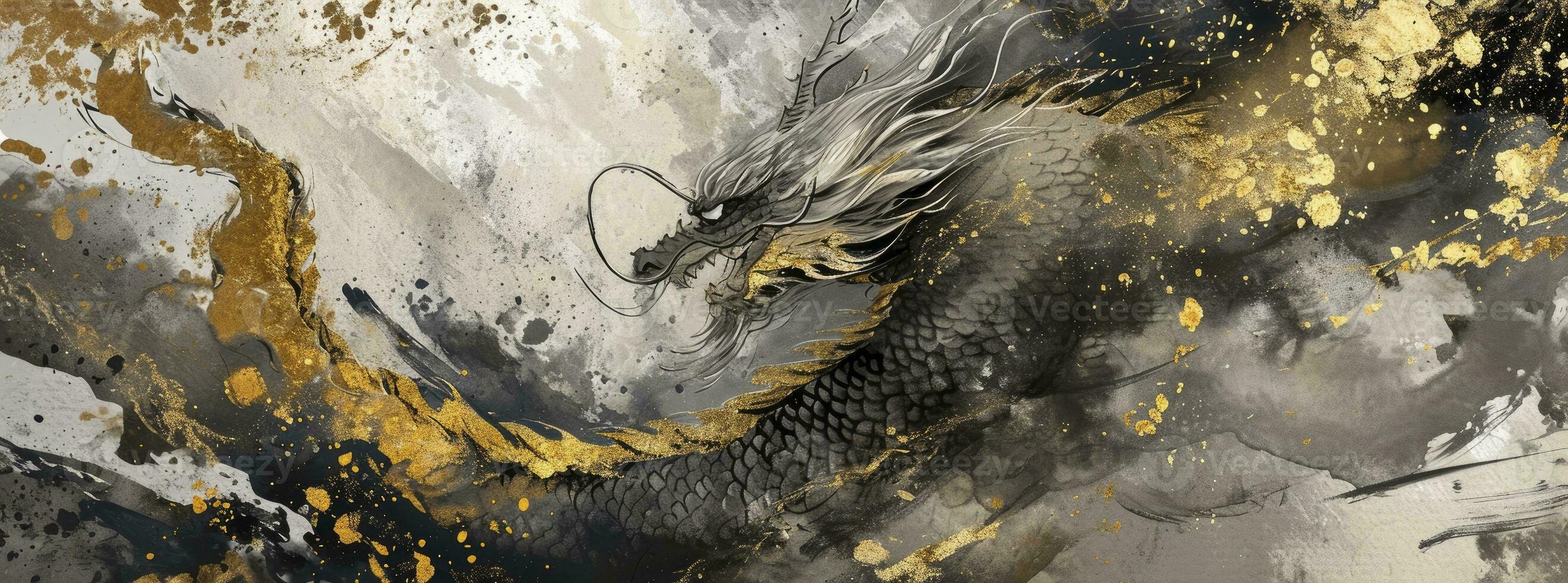 ai généré content Nouveau année de le dragon, dans le style de encre laver collages, lumière gris et foncé or, élégant coups de pinceau, décoratif les frontières, aquarelle. photo