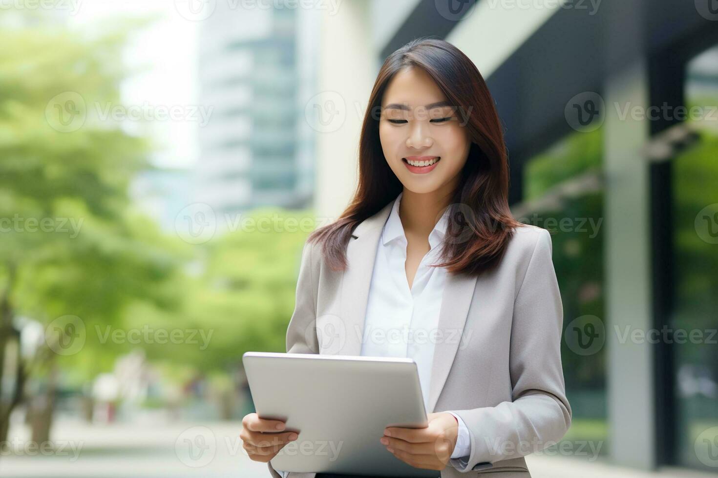 ai généré portrait de magnifique asiatique femme d'affaires avec languette Extérieur génératif ai photo