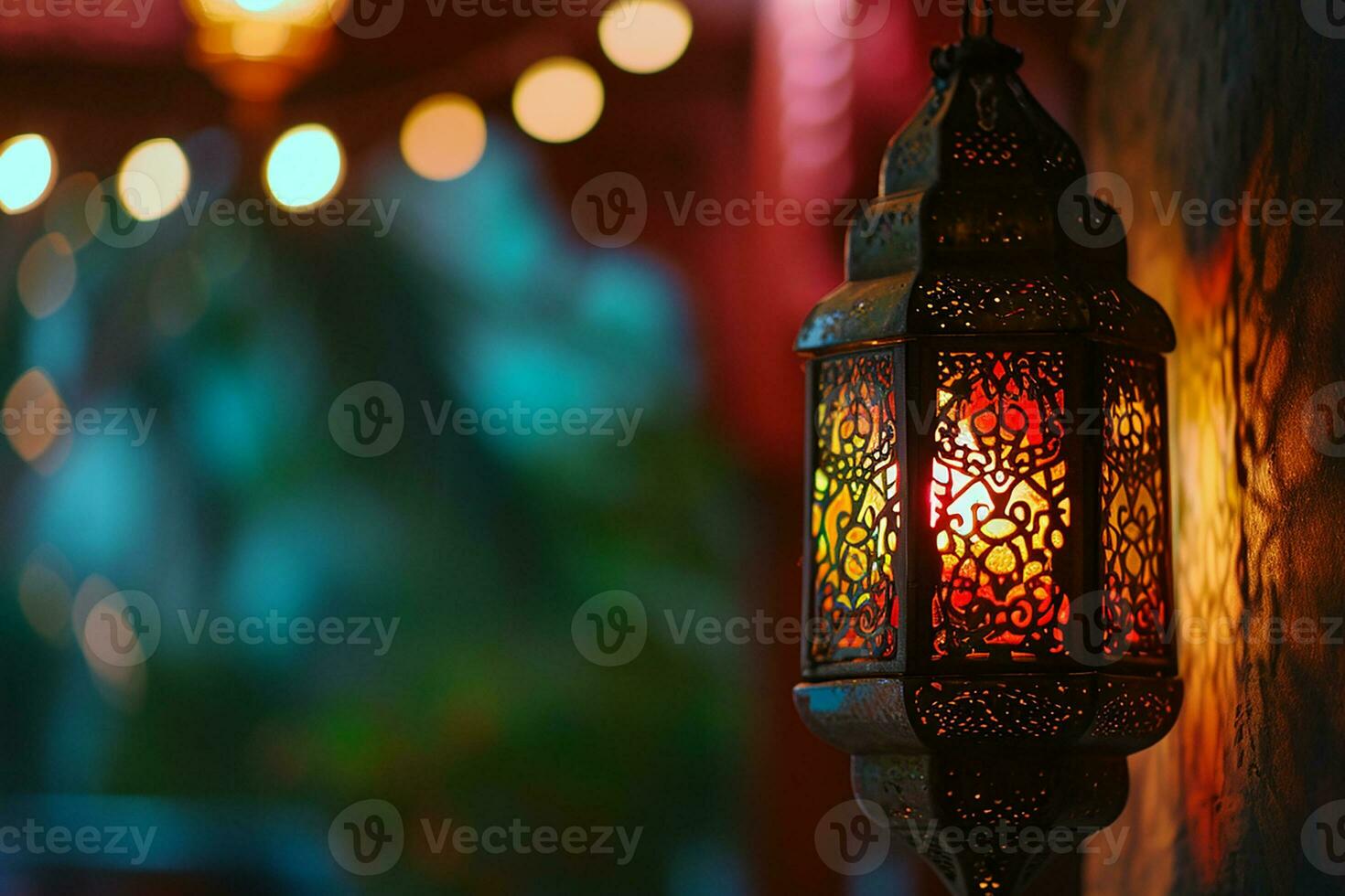 ai généré un illuminé arabe coloré pendaison Ramadan lanterne photo