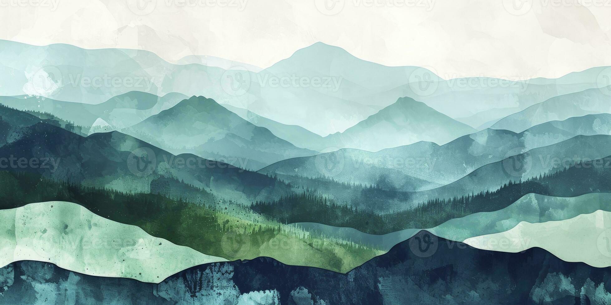 ai généré minimaliste paysage art Contexte avec montagnes et collines dans bleu et vert couleurs. abstrait bannière dans Oriental style avec aquarelle texture pour décor, imprimer, fond d'écran photo