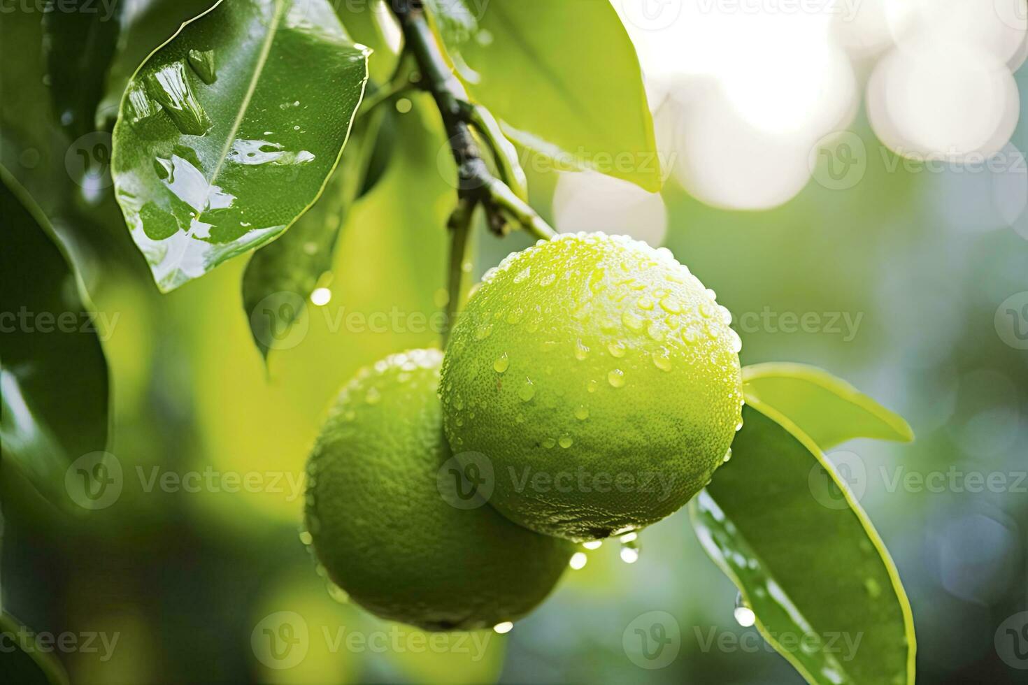 ai généré proche en haut de humide citron vert sur branche. ai généré photo